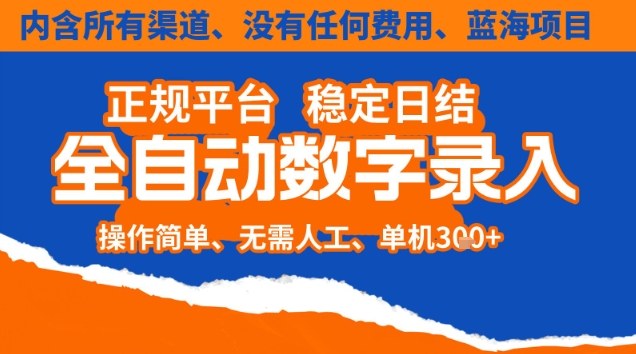 全自动数字录入，单机日入3张+，内含所有渠道全程免费零成本，操作简单可矩阵开干【揭秘】-个创网云网创