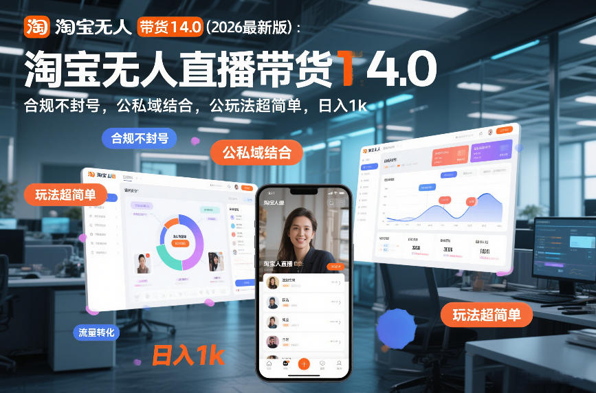 淘宝无人直播带货14.0(2026最新版)：合规不封号，公私域结合，玩法超简单，日入1k+【揭秘】-个创网云网创