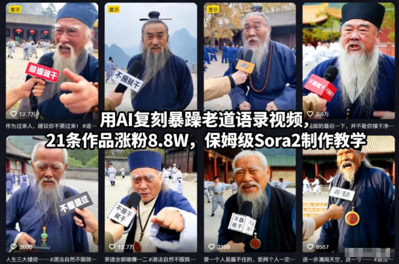 用AI复刻暴躁老道语录视频，21条作品涨粉8.8W，保姆级Sora2制作教学-个创网云网创