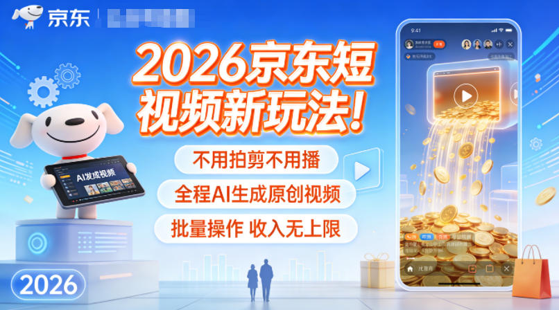 2026京东短视频新玩法！不用拍剪不用播，全程AI生成原创视频，批量操作收入无上限-个创网云网创
