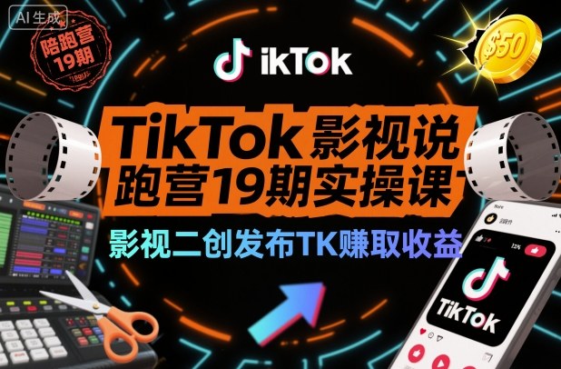 TikTok影视解说陪跑营19期实操课，影视二创发布TK賺取收益，万播收益50美金(更新)-个创网云网创