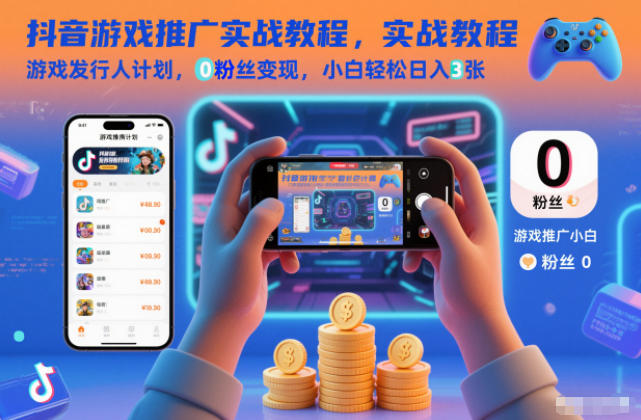 抖音游戏推广实战教程，游戏发行人计划，0粉丝变现，小白轻松日入3张-个创网云网创
