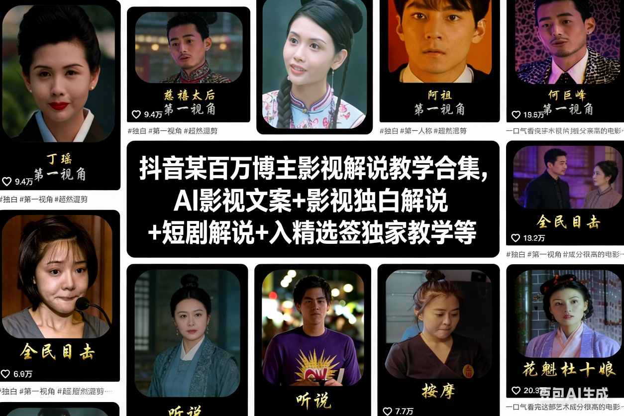 抖音某百万博主影视解说教学合集，AI影视文案+影视独白解说+短剧解说+入精选签独家教学等-个创网云网创