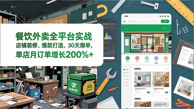 餐饮外卖全平台实战，店铺装修、爆款打造、30天爆单，手把手教学，单店月订单增长200%+-个创网云网创