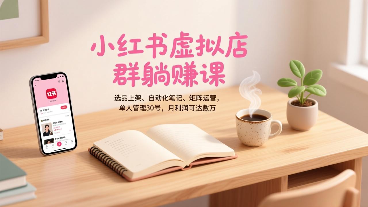 小红书虚拟店群躺赚课，选品上架、自动化笔记、矩阵运营，单人管理30号，月利润可达数万-个创网云网创