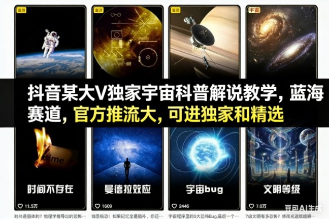抖音某大V独家宇宙科普解说教学，蓝海赛道，官方推流大，可进独家和精选-个创网云网创