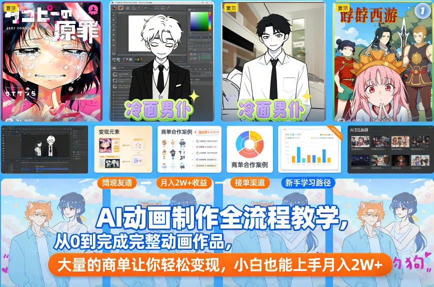 AI动画制作全流程教学，从0到完成完整动画作品，大量的商单让你轻松变现，小白也能上手月入2W+-个创网云网创