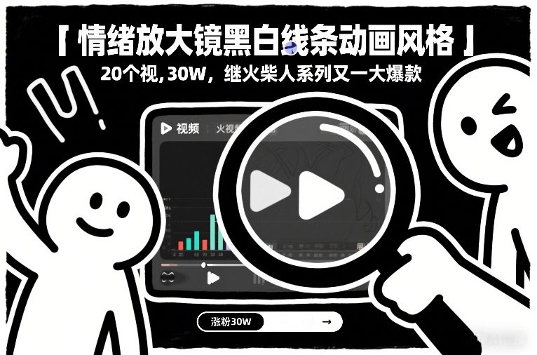 情绪放大镜黑白线条动画风格,20个视频,涨粉30W,继火柴人系列又一大爆款-个创网云网创