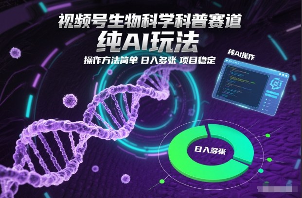 视频号生物科学科普赛道，纯AI玩法，操作方法简单，日入多张，项目稳定-个创网云网创