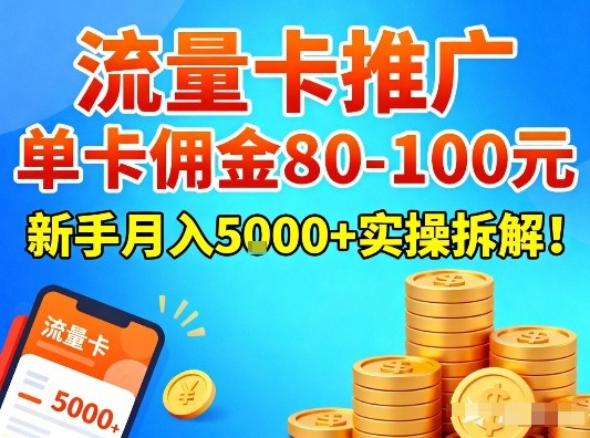 流量卡推广，单卡佣金80-100，新手月入5k+实操拆解！-个创网云网创