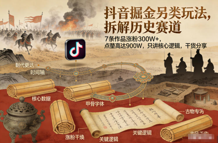 抖音掘金另类玩法，拆解历史赛道，7条作品涨粉300W+，点赞量高达900W，只讲核心逻辑，干货分享-个创网云网创