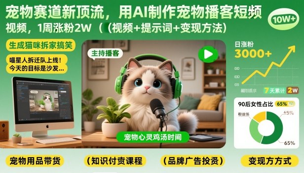 宠物赛道新顶流，用AI制作宠物播客短视频，1周涨粉2W(视频+提示词+变现方法)-个创网云网创