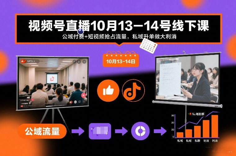 视频号直播10月13-14号线下课,公域付费+短视频抢占流量,私域升单做大利消-个创网云网创