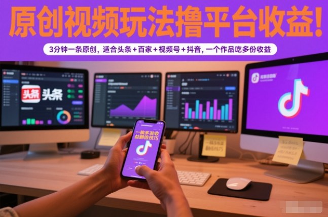 原创视频玩法撸平台收益，3分钟一条原创，适合头条+百家+视频号+抖音，一个作品吃多份收益-个创网云网创