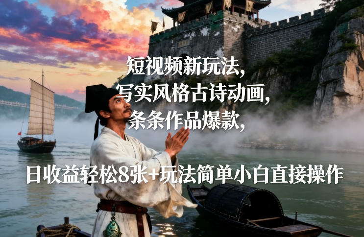 短视频新玩法，写实风格古诗动画，条条作品爆款，日收益轻松8张+玩法简单小白直接操作-个创网云网创
