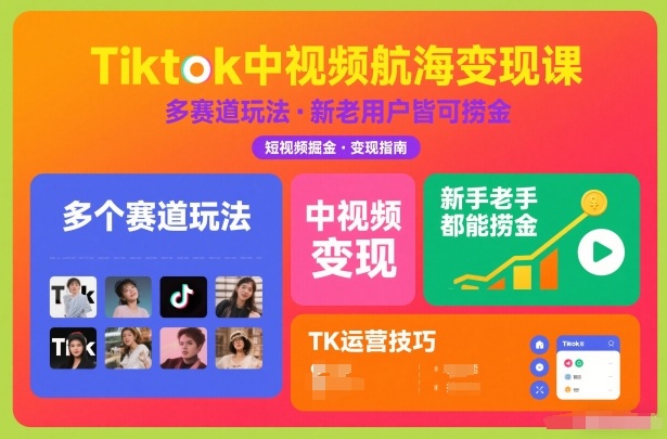 Tiktok中视频航海变现课，多个赛道玩法，新手老手都能在TK中视频捞金-个创网云网创