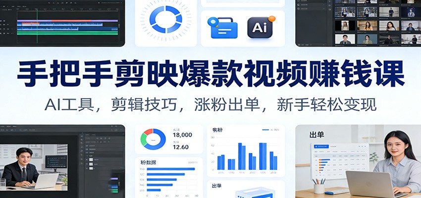 手把手剪映爆款视频赚钱课：AI工具，剪辑技巧，涨粉出单，新手轻松变现-个创网云网创