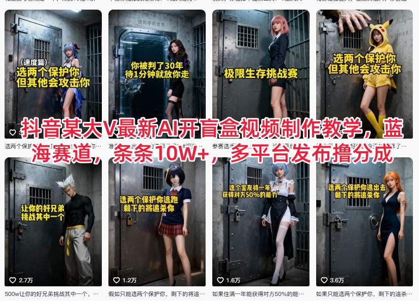 抖音某大V最新AI开盲盒视频制作教学,蓝海赛道,条条10W+,多平台发布撸分成-个创网云网创