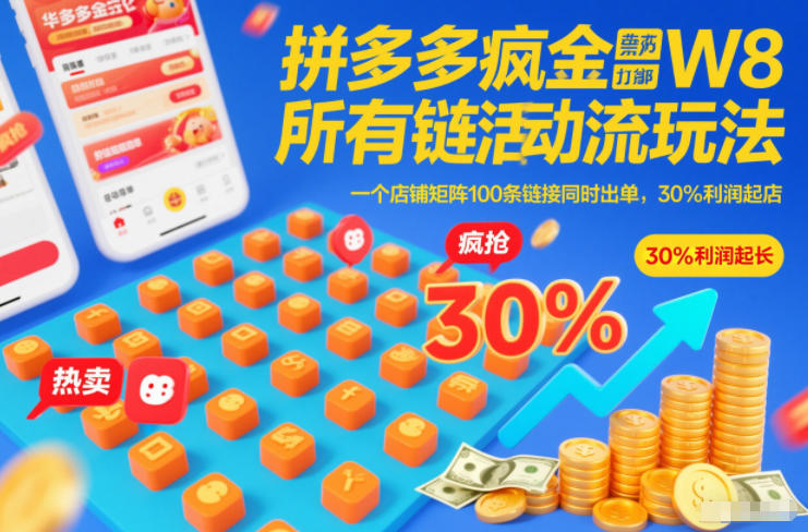 拼多多疯狂活动流玩法，所有链接全部打标，一个店铺矩阵100条链接同时出单，30%利润起店-个创网云网创