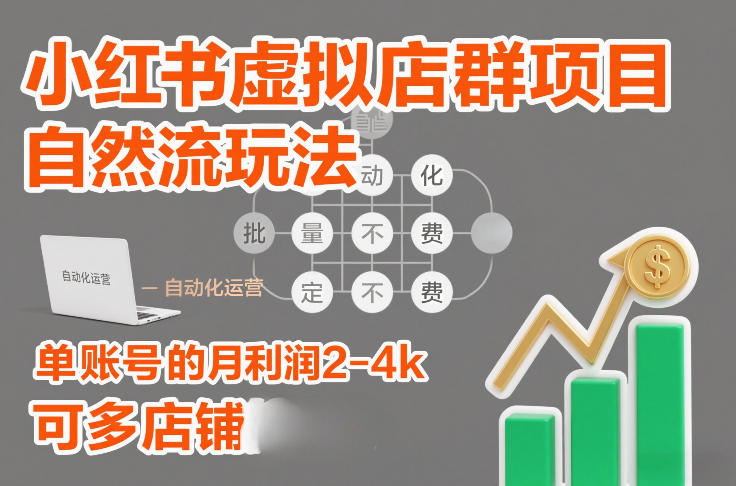 小红书虚拟店群项目，自然流玩法，批量自动化，稳定不费号，单账号的月利润2-4k，可多店矩阵-个创网云网创