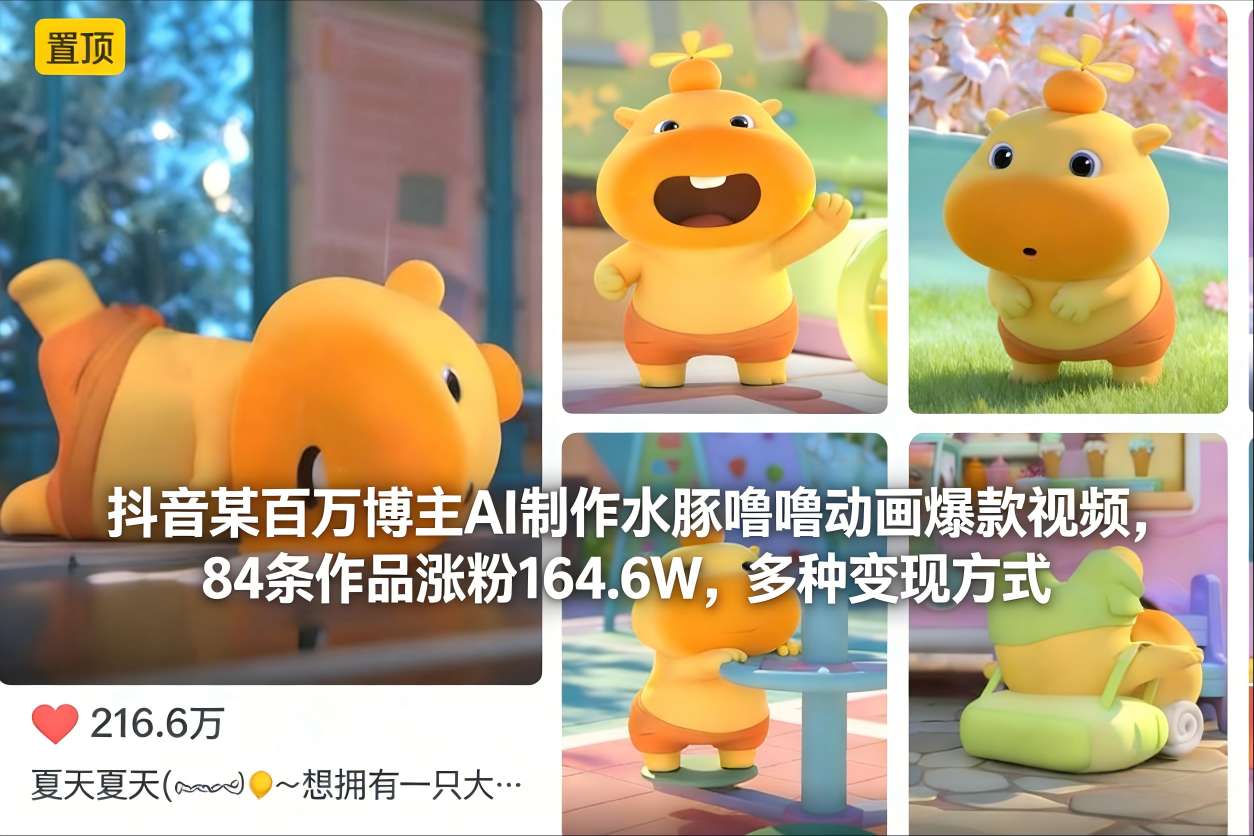 抖音某百万博主AI制作水豚噜噜动画爆款视频，84条作品涨粉164.6W，多种变现方式-个创网云网创